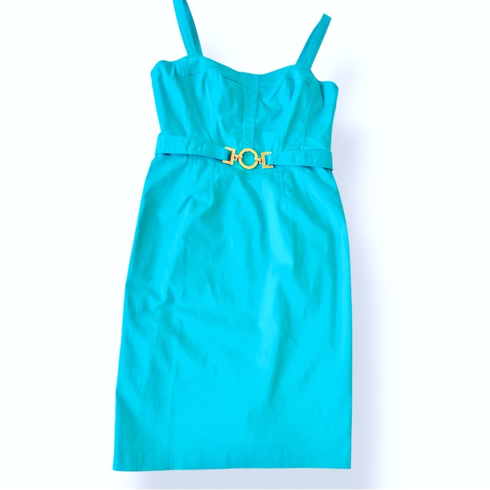 ANNE KLEIN Turquoise Midi Dress w Gold Belt & Built-in Corset
